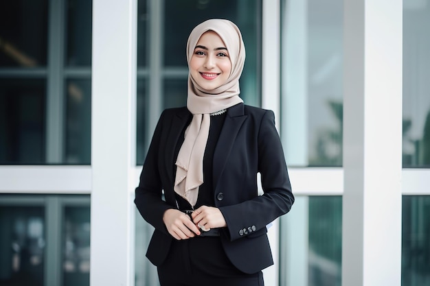 Premium Photo  A woman in a black suit stands in front of a window.