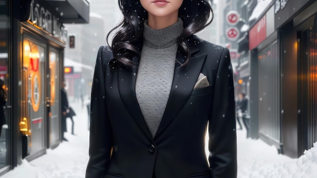A woman in a black suit stands in the snow.