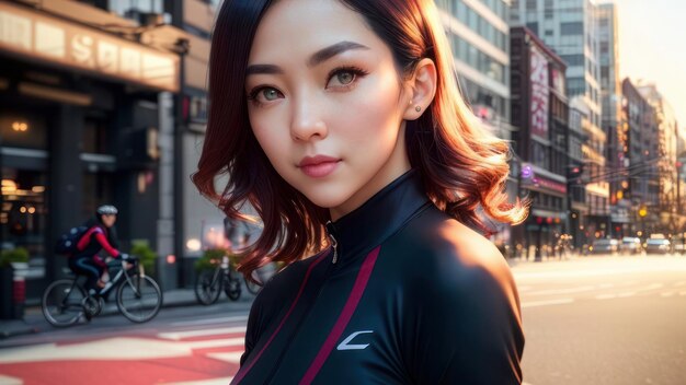 A woman in a black suit stands in the street in front of a street with a street scene.