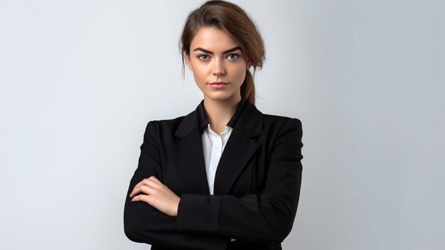 A woman in a black suit stands with her arms crossed