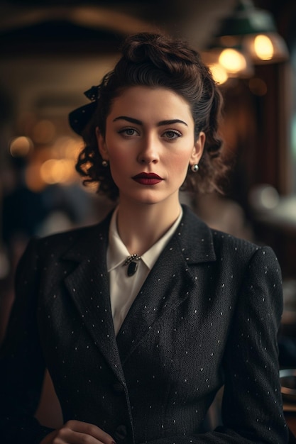 A woman in a black suit and white polka dot blouse stands in a cafe.