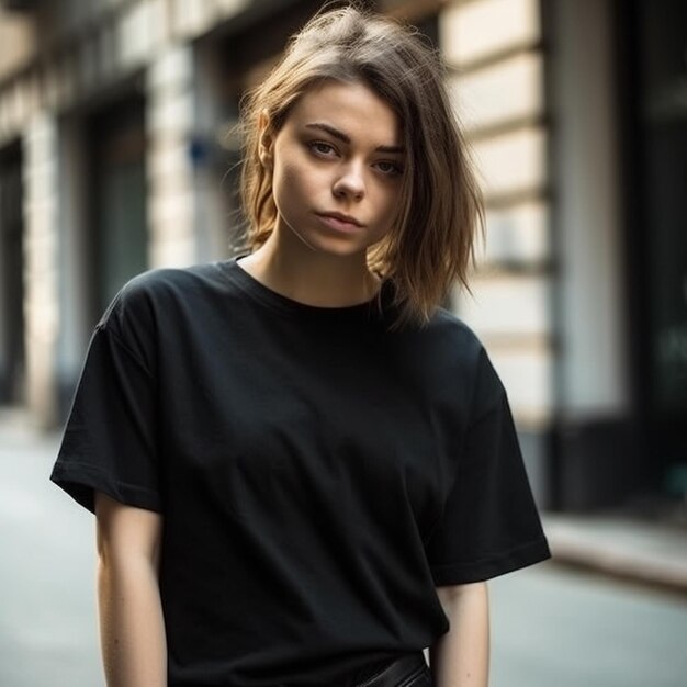 A woman in a black t - shirt stands on a street.