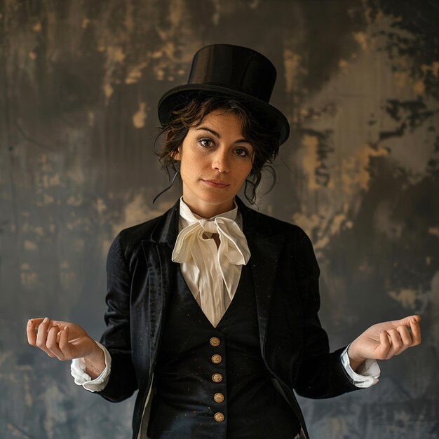 a woman in a black top and a black top hat is standing in front of a wall with a woman wearing a top hat