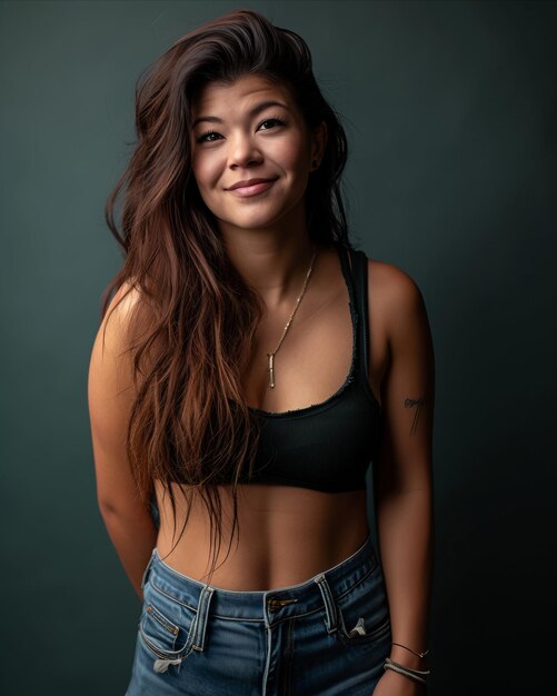 A woman in a black top and jeans posing for a photo