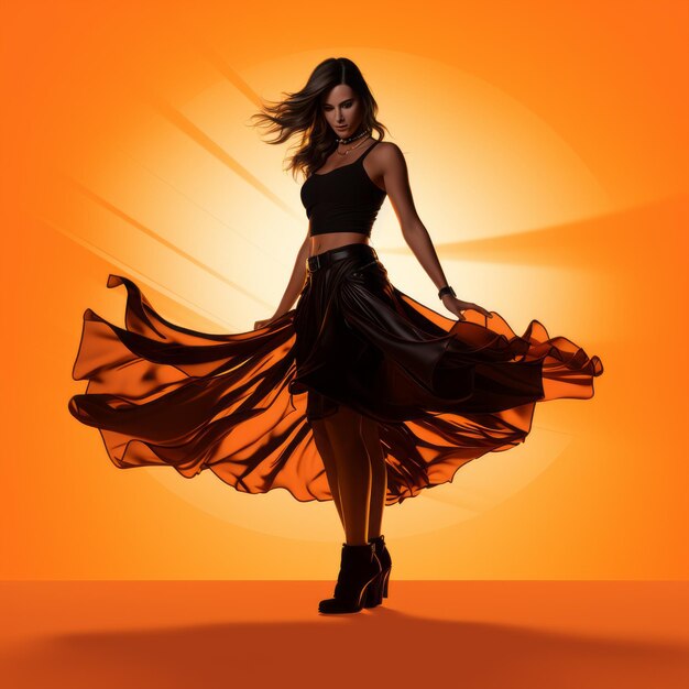 A woman in a black top and skirt is dancing on an orange background