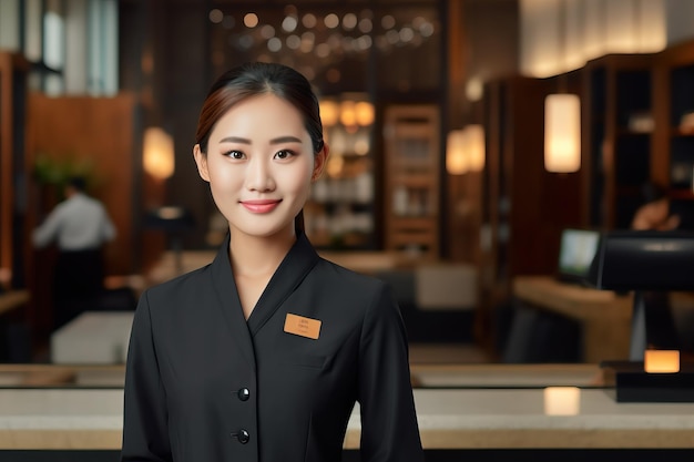 A woman in a black uniform stands in front of a bar with the name of the hotel.