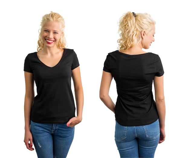 Woman in black v neck Tshirt