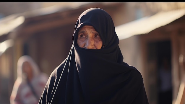 Woman In Black Veil And Black Head Scarf Standing In Front Of A Building