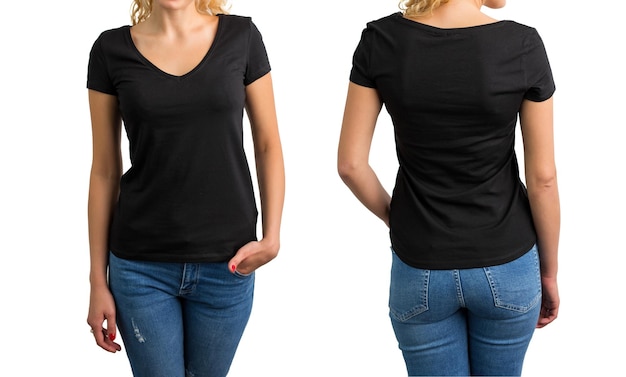 Foto donna in maglietta nera con scollo a v davanti e dietro
