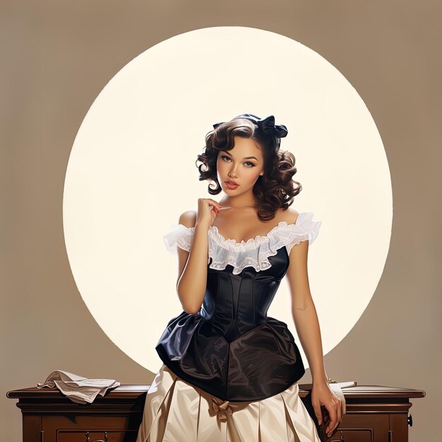 Photo a woman in a black and white dress sits on a dresser