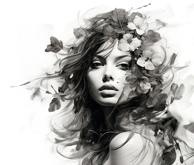 a woman in black and white with flowers in the style of double exposure