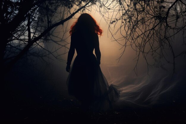 검은 과부 드레스를 입은 여자가 밤에 신비한 숲을 가로질러 달린다