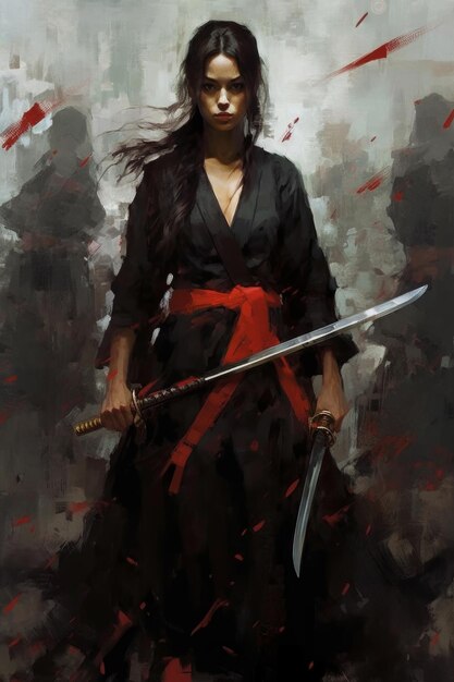 A woman in black with three swords