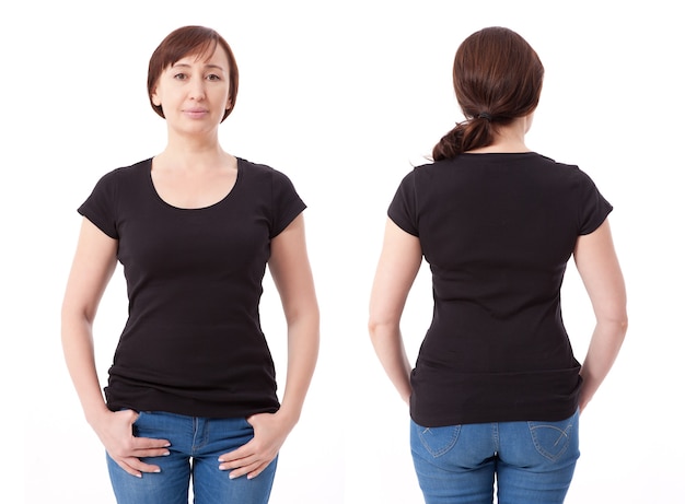 Photo woman in blank black t-shirt front and rear isolated.