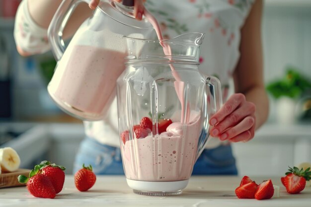 Woman blending healthy vegetarian milkshake at home