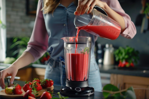 Woman blending healthy vegetarian milkshake at home