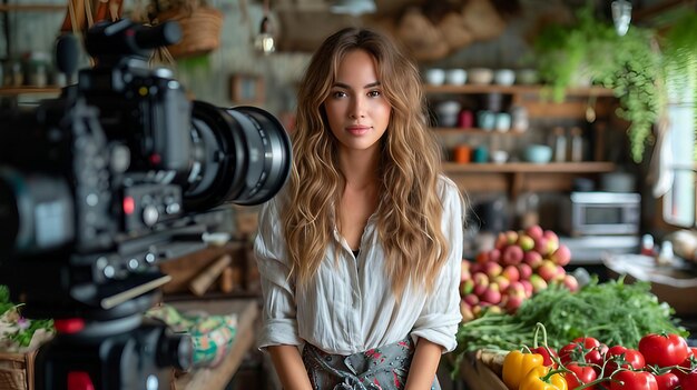 Photo a woman blogger on camera while making a avocado toast ai generate illustration