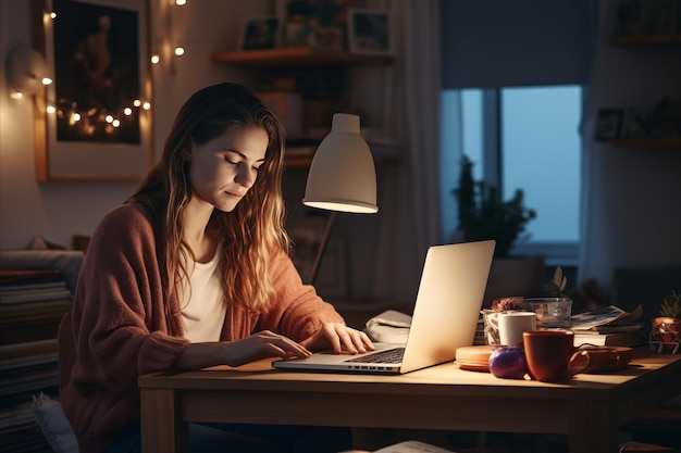 Woman blogger writing thoughtprovoking content on social justice issues Cozy home office with book
