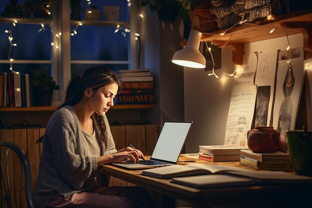 Woman blogger writing thoughtprovoking content on social justice issues cozy home office with books