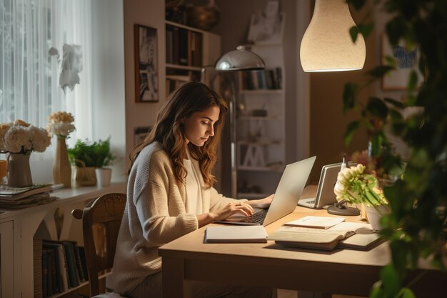 Woman blogger writing thoughtprovoking content on social justice issues home office with books