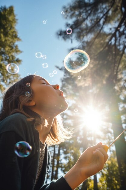 A woman blowing bubbles in the air in front of the sun Generative AI image