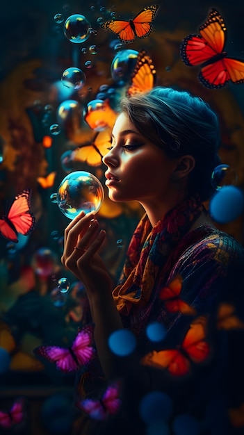 A woman blowing bubbles with butterflies on the background