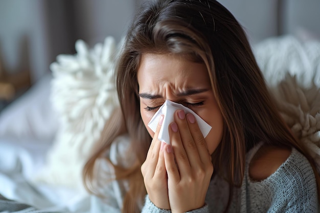 A woman blowing her nose with a tissue