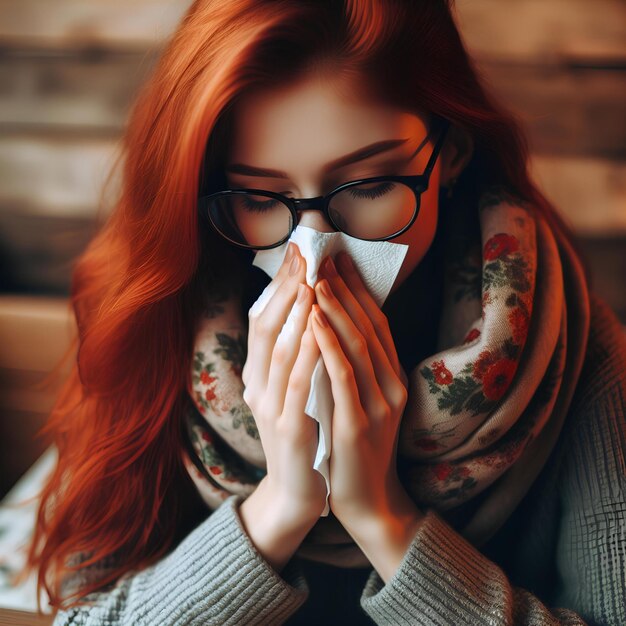 Фото Женщина, выдыхающая нос в салфетке.