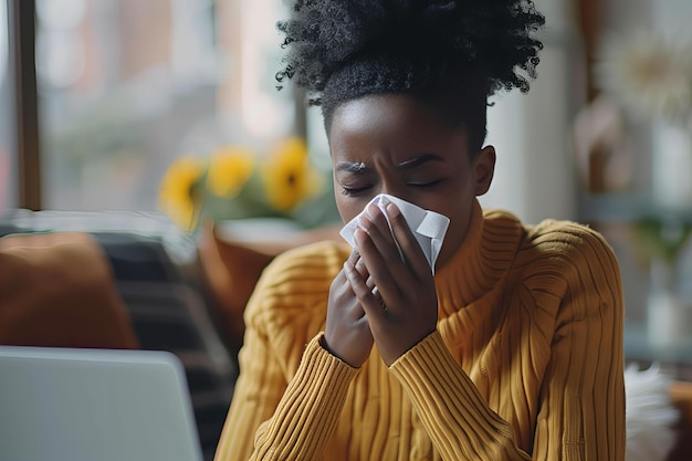 Photo woman blowing nose using laptop