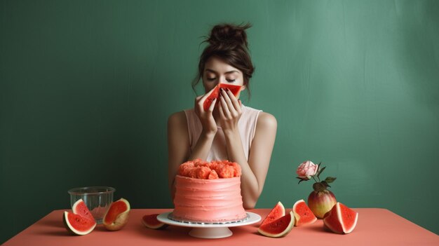 A woman blowing out a piece of fruit next to a cake