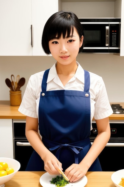 A woman in a blue apron stands in front of a microwave oven.