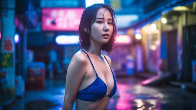 Photo a woman in a blue bikini stands in the rain in front of a neon sign that says'chinese '