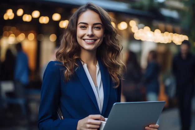 A woman in a blue blazer holds a tablet in her hands