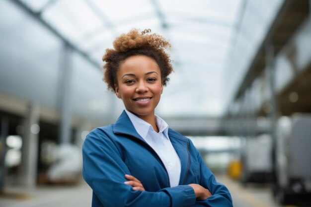 Photo woman in blue blazer standing in warehouse parking lot successful businesswoman