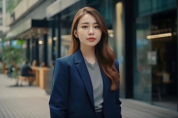 A woman in a blue blazer stands in front of a building.