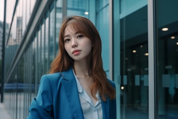 A woman in a blue blazer stands in front of a glass building.