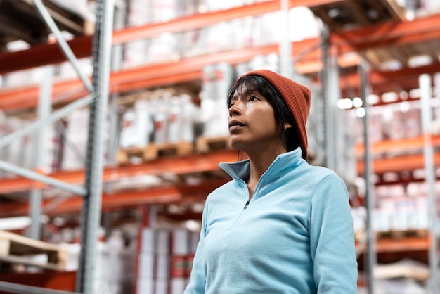 Woman in a blue blouse working in a warehouse