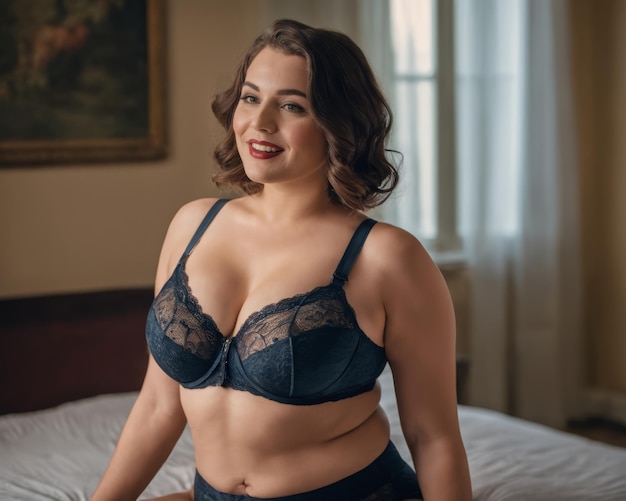 A woman in a blue bra and panties sitting on a bed