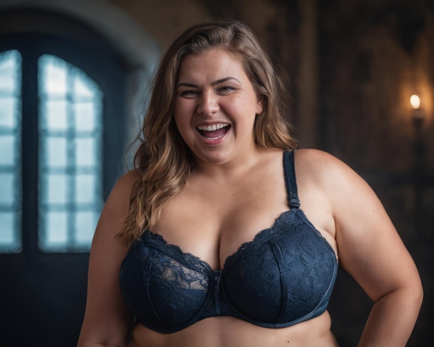 Photo a woman in a blue bra and panties smiling