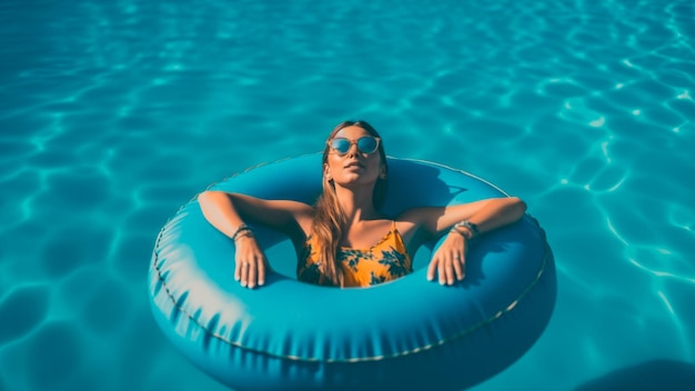 A woman in a blue circle is relaxing in a pool