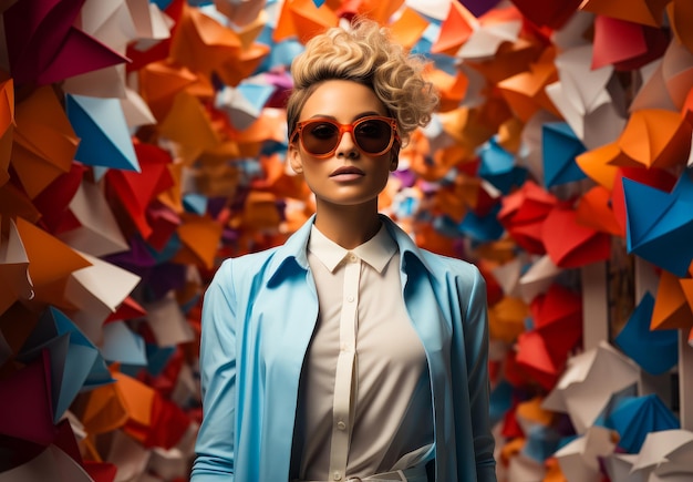 Woman in blue coat and red sunglasses stands in room full of origami paper