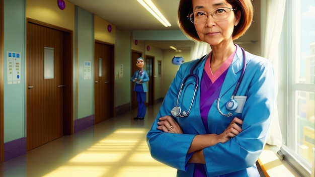В коридоре стоит женщина в синем пальто со стетоскопом на груди.