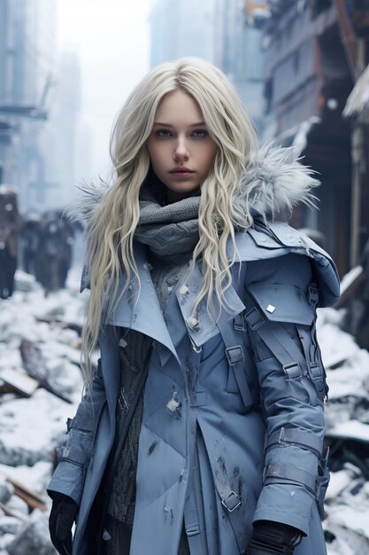 a woman in a blue coat