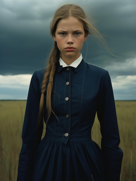 a woman in a blue coat