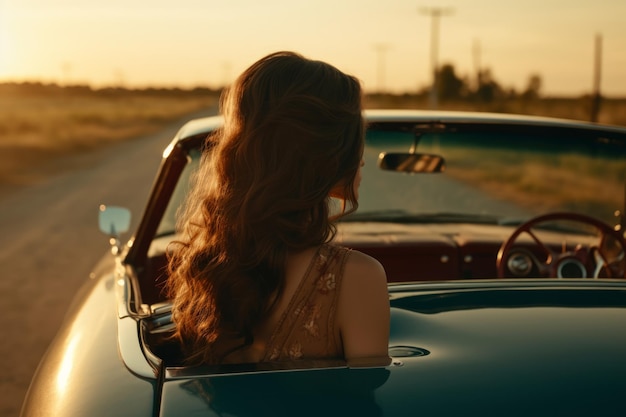 A woman in a blue convertible car looks out the window at sunset.