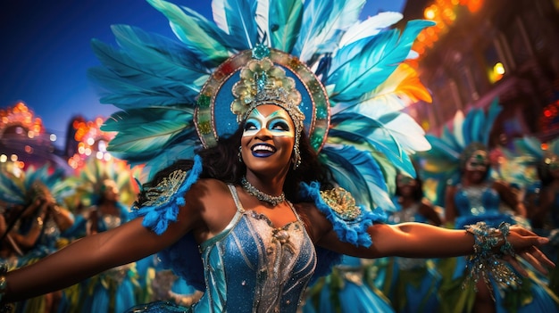 a woman in a blue costume with a blue mask on her head and her arms outstretched.