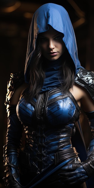 a woman in a blue costume with a sword in her hand