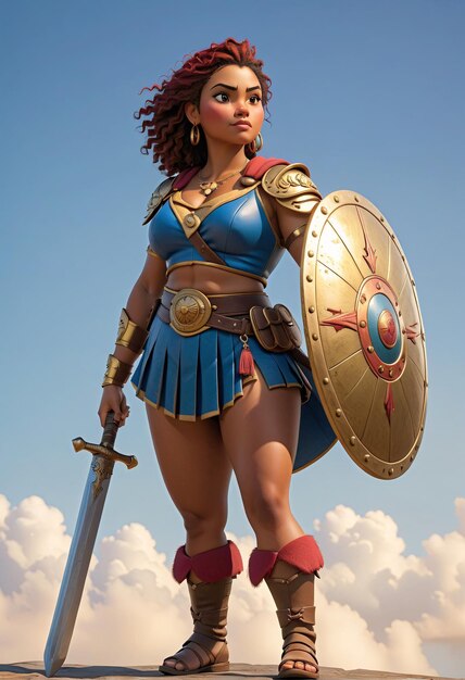 a woman in a blue dress and gold armor stands on a rock with a sword