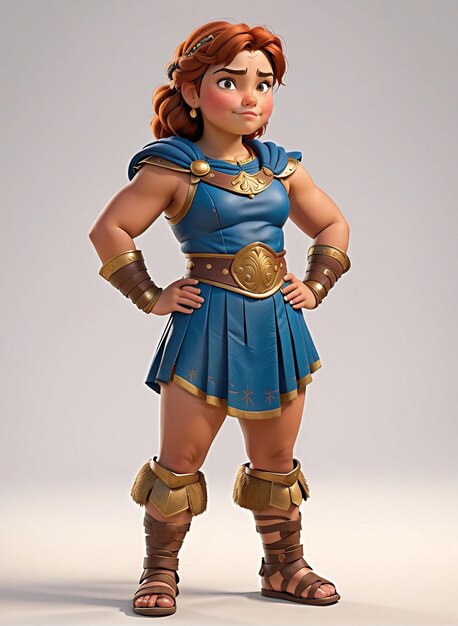 a woman in a blue dress and gold armor