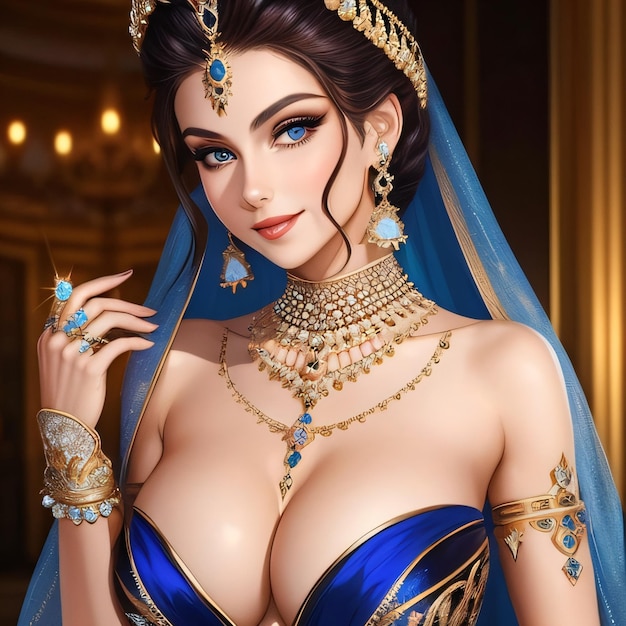 A woman in a blue dress and gold jewelry